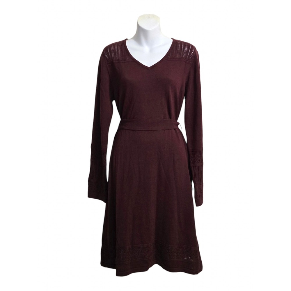 Prana Ella Pointelle Long Sleeve Knee Length Sweater Dress In Mulberry Sz L